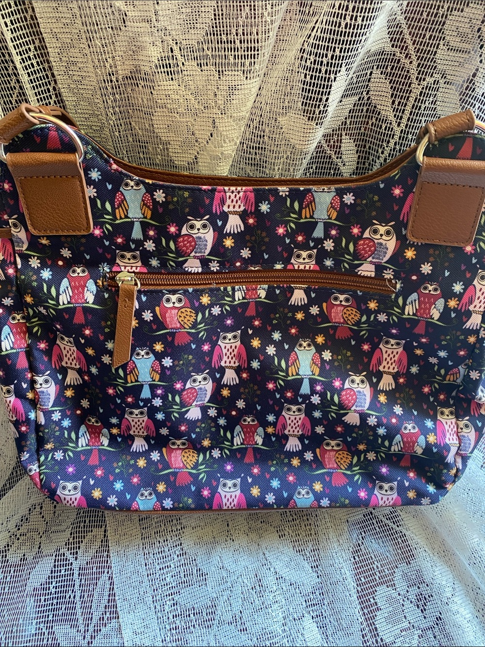 Lily Bloom Navy Owl Print Shoulder Bag with Brown Trim - Picture 3 of 6